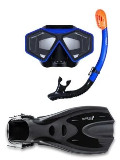 DiveSport Silicone Mask Dry Top Snorkel & F70 Fins 3pc Set (Blue / Black)