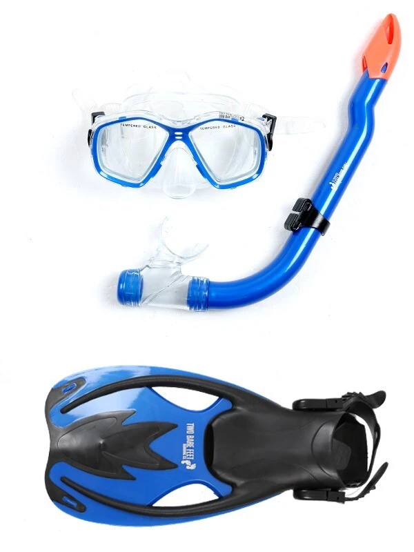 Two Bare Feet Childrens PVC Mask Snorkel Fins 3 Piece Set (Blue) 3 Two Bare Feet Childrens PVC Mask Snorkel Fins 3 Piece Set (Blue)