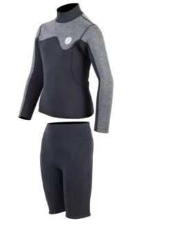 Two Bare Feet Junior Aspect 2.5mm Back Zip Jacket & Shorts Set (Black/Grey) -Glider Wetsuit Store kids aspect back zip jacket black delta vista shorts 3