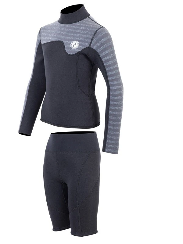 Two Bare Feet Junior Aspect Fleece Lined Zipless Thermal 2.5mm Superstretch Wetsuit Top & Shorts Set (Black/Grey Stripes) - Image 3