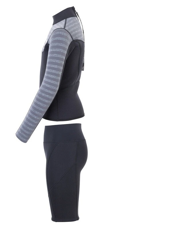 Two Bare Feet Junior Aspect Fleece Lined Zipless Thermal 2.5mm Superstretch Wetsuit Top & Shorts Set (Black/Grey Stripes) - Image 4