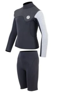 Two Bare Feet Junior Aspect Fleece Lined Zipless Thermal 2.5mm Superstretch Wetsuit Top & Shorts Set (Black/Grey/Grey) -Glider Wetsuit Store kzgrau z