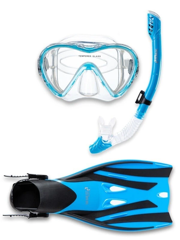 Pro Dive Series Silicone Mask Dry Top Snorkel & F52 Fins 3 Piece Set 3 (Aqua)