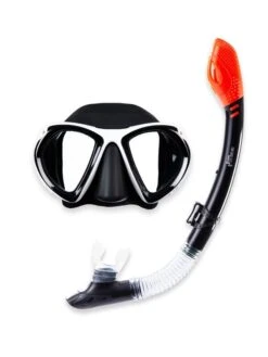 Two Bare Feet Adult Silicone Dry Top Snorkel, White Silicone Mask & F70 Fins Set (White/Black) -Glider Wetsuit Store two bare feet adult silicone dry top snorkel white silicone mask set white black