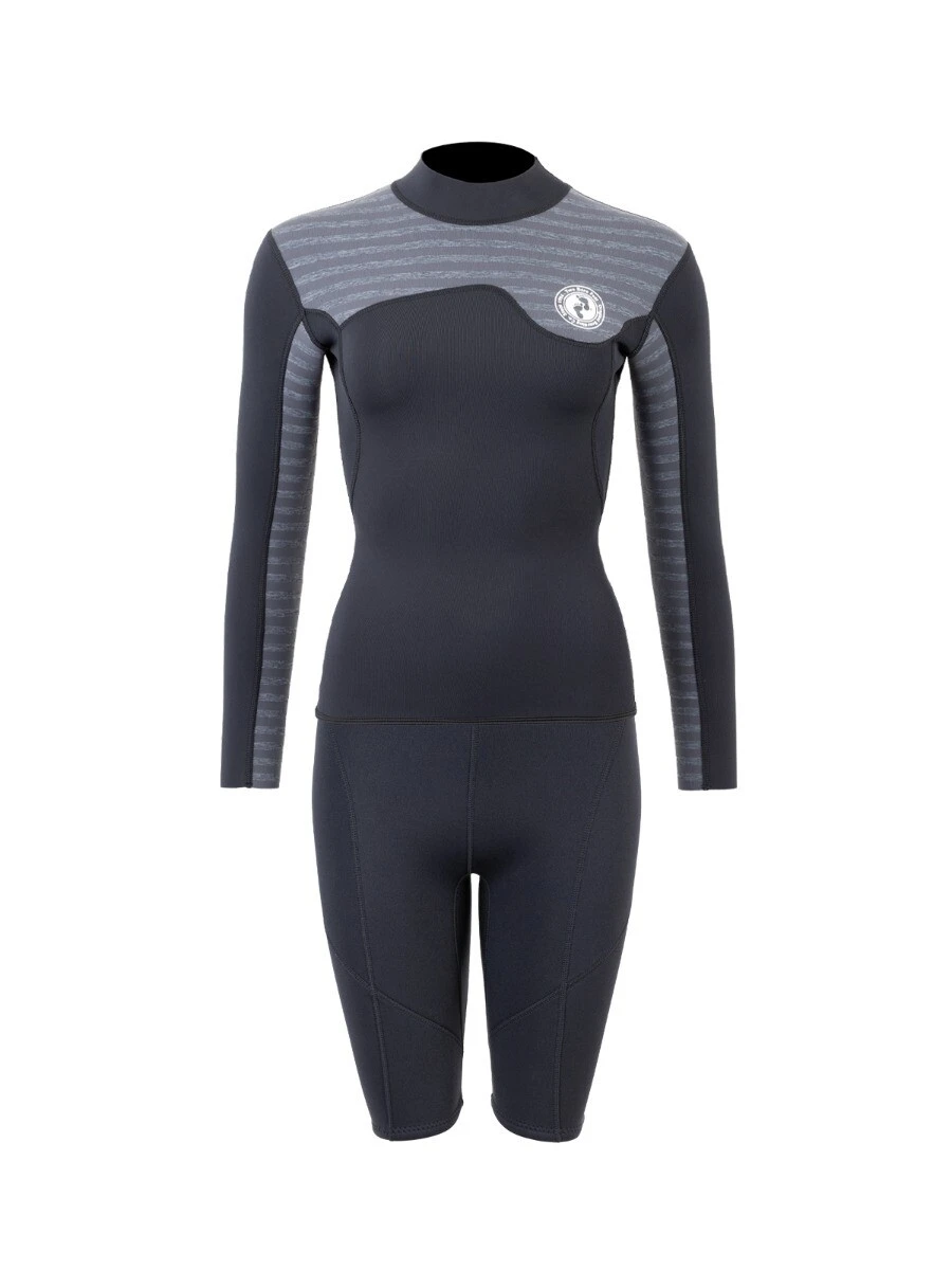 Two Bare Feet Womens Aspect Fleece Lined Zipless Thermal 2.5mm Superstretch Wetsuit Top & Shorts Set (Black/Grey Stripes) 3 Two Bare Feet Womens Aspect Fleece Lined Zipless Thermal 2.5mm Superstretch Wetsuit Top & Shorts Set (Black/Grey Stripes)