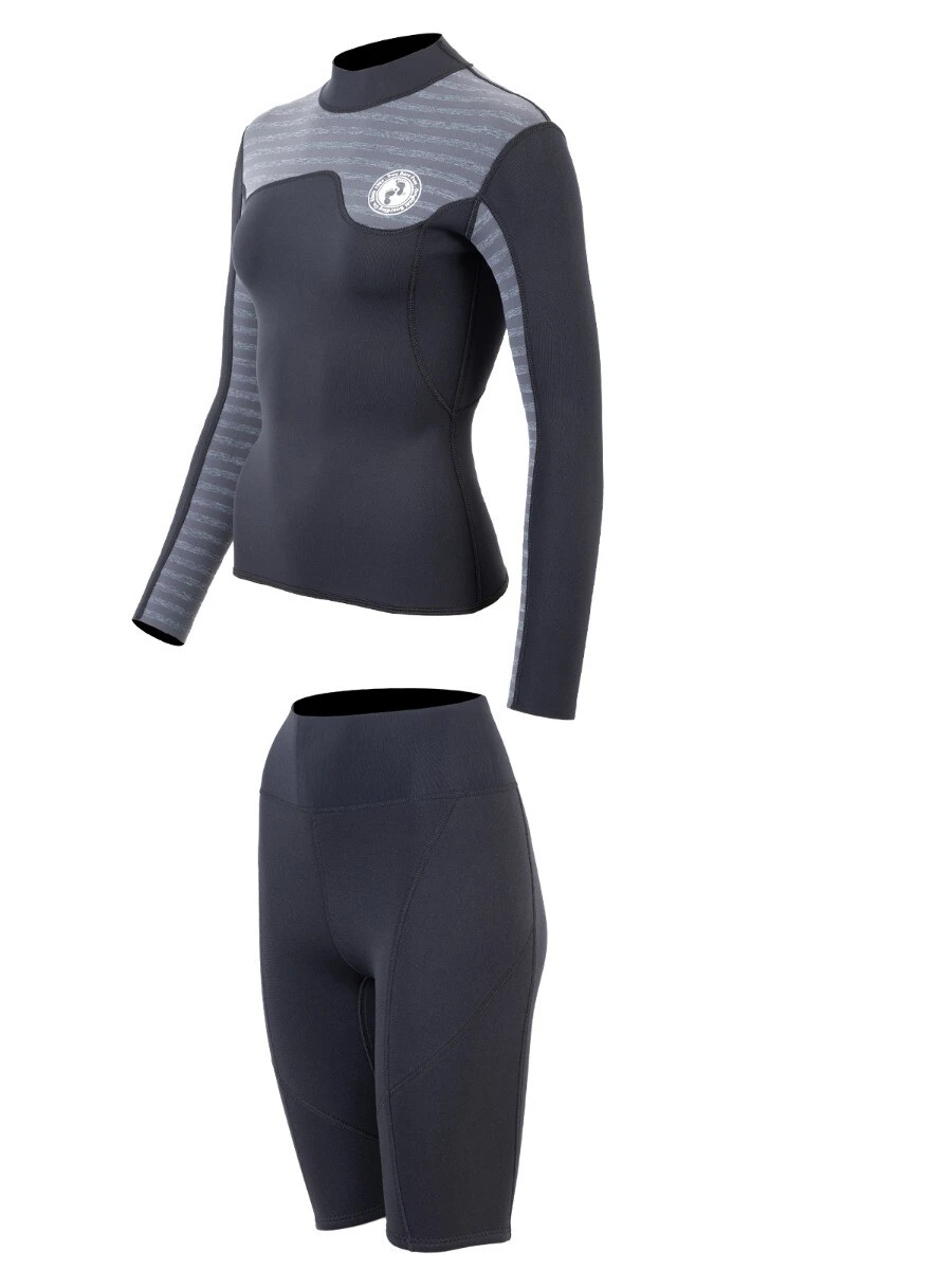 Two Bare Feet Womens Aspect Fleece Lined Zipless Thermal 2.5mm Superstretch Wetsuit Top & Shorts Set (Black/Grey Stripes) 5 Two Bare Feet Womens Aspect Fleece Lined Zipless Thermal 2.5mm Superstretch Wetsuit Top & Shorts Set (Black/Grey Stripes) - Image 3